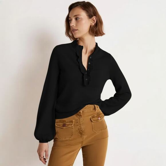 Boden Button Front Ruffle Merino Wool Jumper in Black Size US 6 - Picture 1 of 7